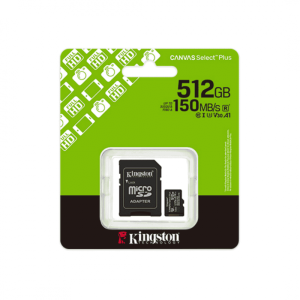 Kingston Canvas Select Plus microSDXC atminties kortelė, 512 GB, A1, UHS-I, su SD adapteriu
