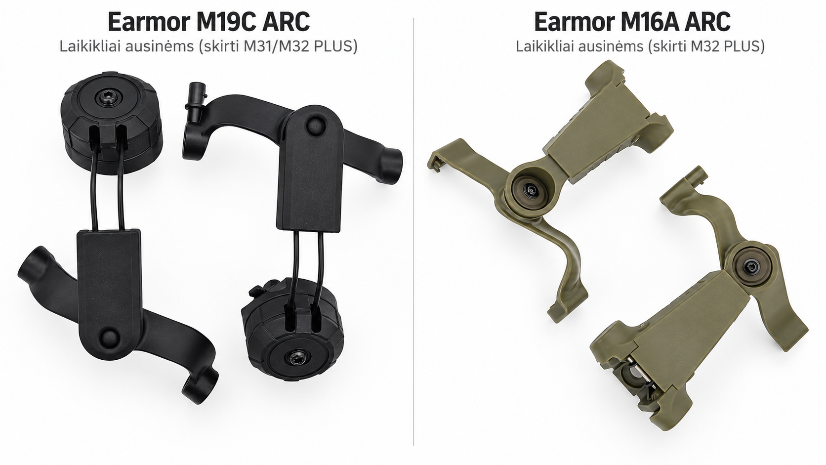 Earmor M19C ir M16A ARC laikiklių palyginimas